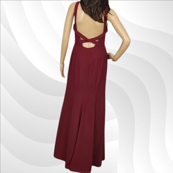 2/$50 Dessy Collection High Neck Backless Crepe Trumpet Gown Burgundy Size 4R - Picture 4 of 7